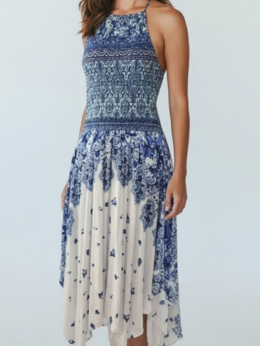 Blue and White Floral Print Boho Maxi Dress M